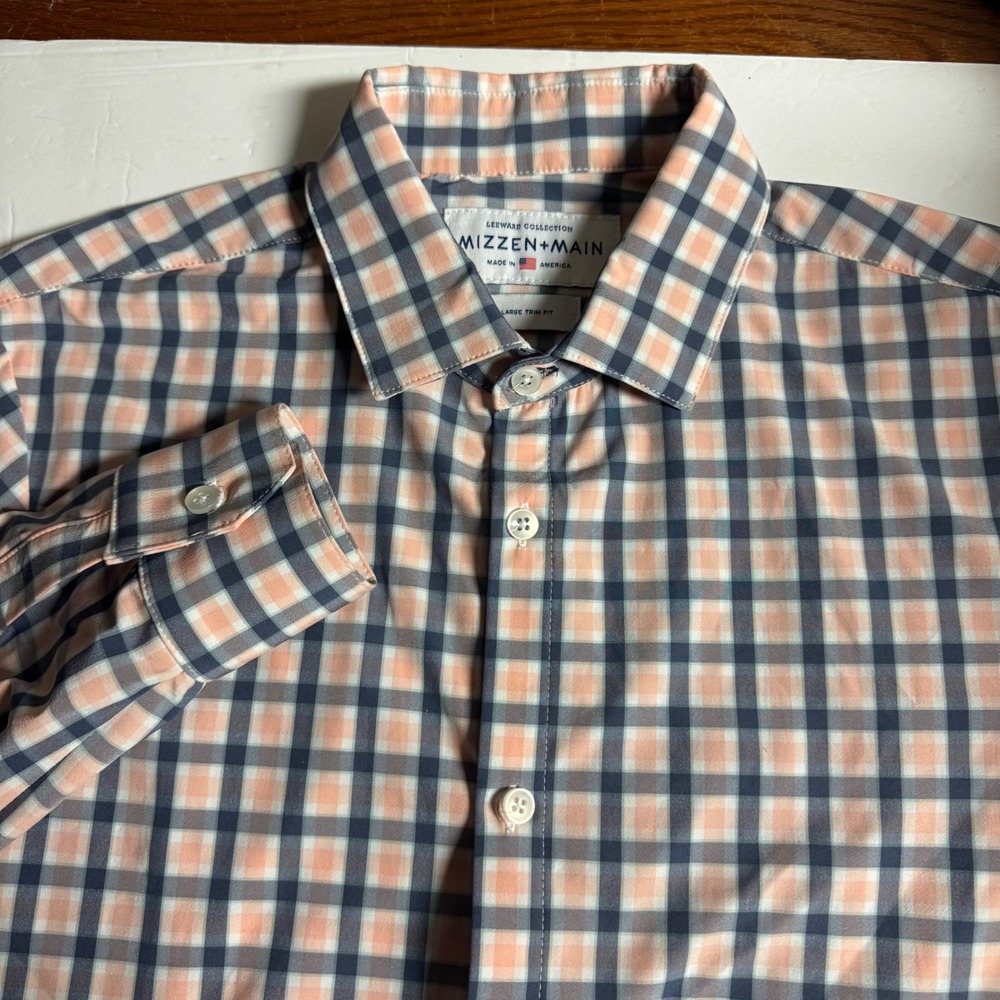 Mizzen+Main Mens Large‎ Trim Fit Long Sleeve Gingham Dress Shirt Coral Navy